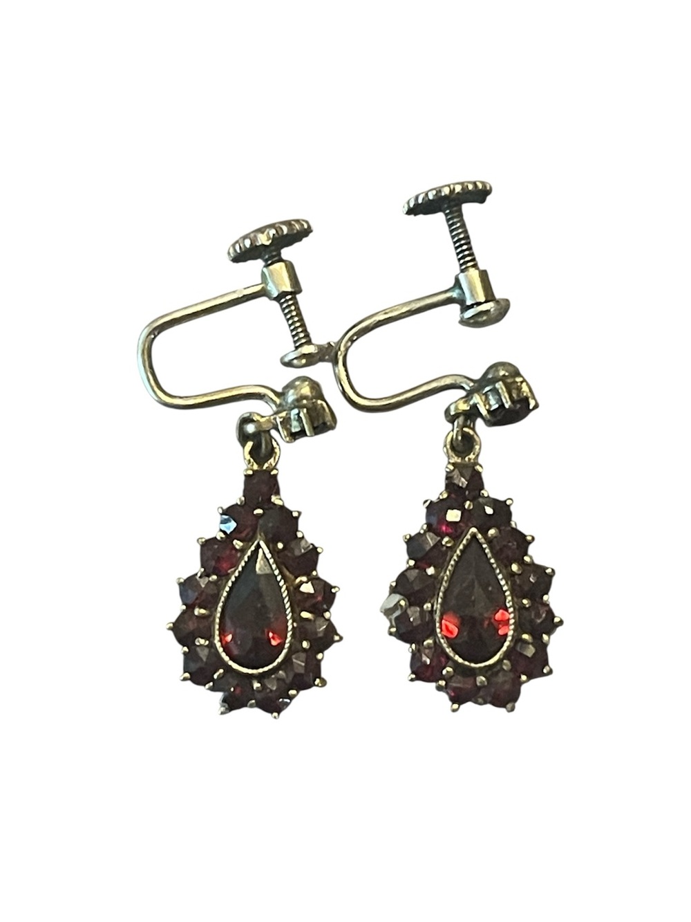 Antique Garnet Teardrop Screw-Back Earrings with vintage box Copper 1920-30